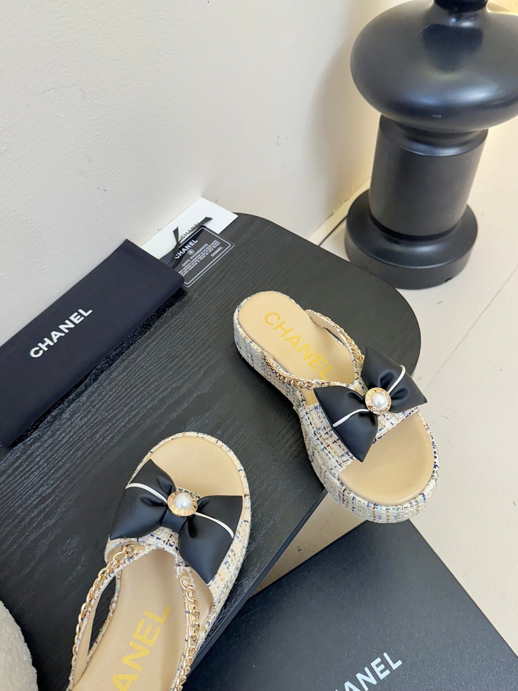 Chanel Platform Flip-Flops in Beige Tweed Fabric