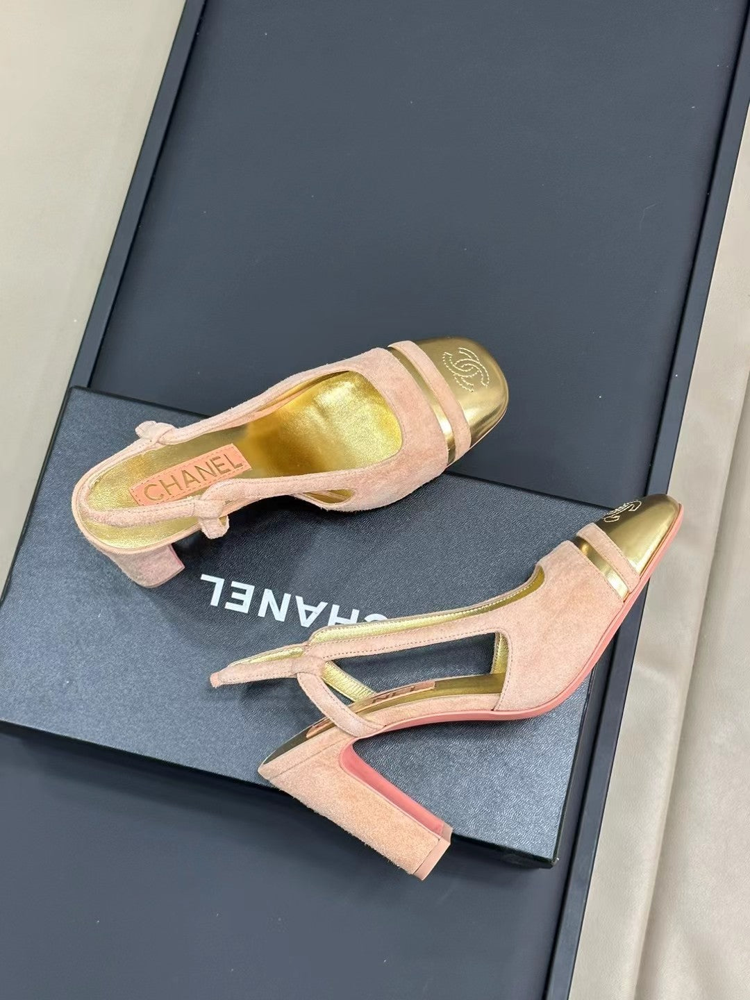 Chanel High Slingbacks in Light Pink Suede and Golden Lambskin