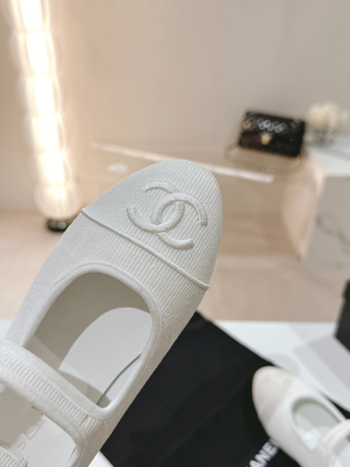 Chanel Mary Jane Flat White Corduroy