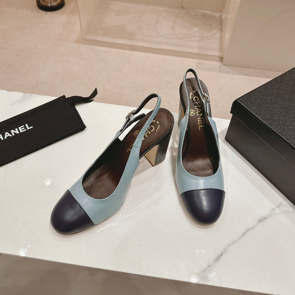 Chanel High Slingbacks Light Blue Mix Black Sheepskin