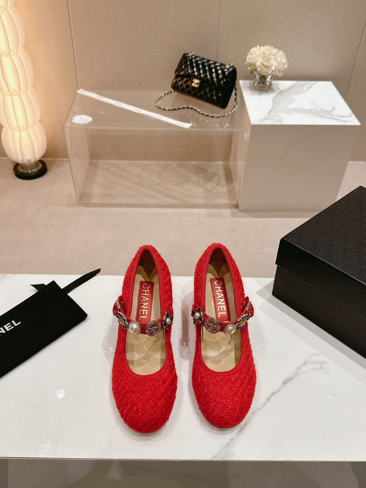 Chanel High Mary Jane Shoes Red Pink Wool Tweed