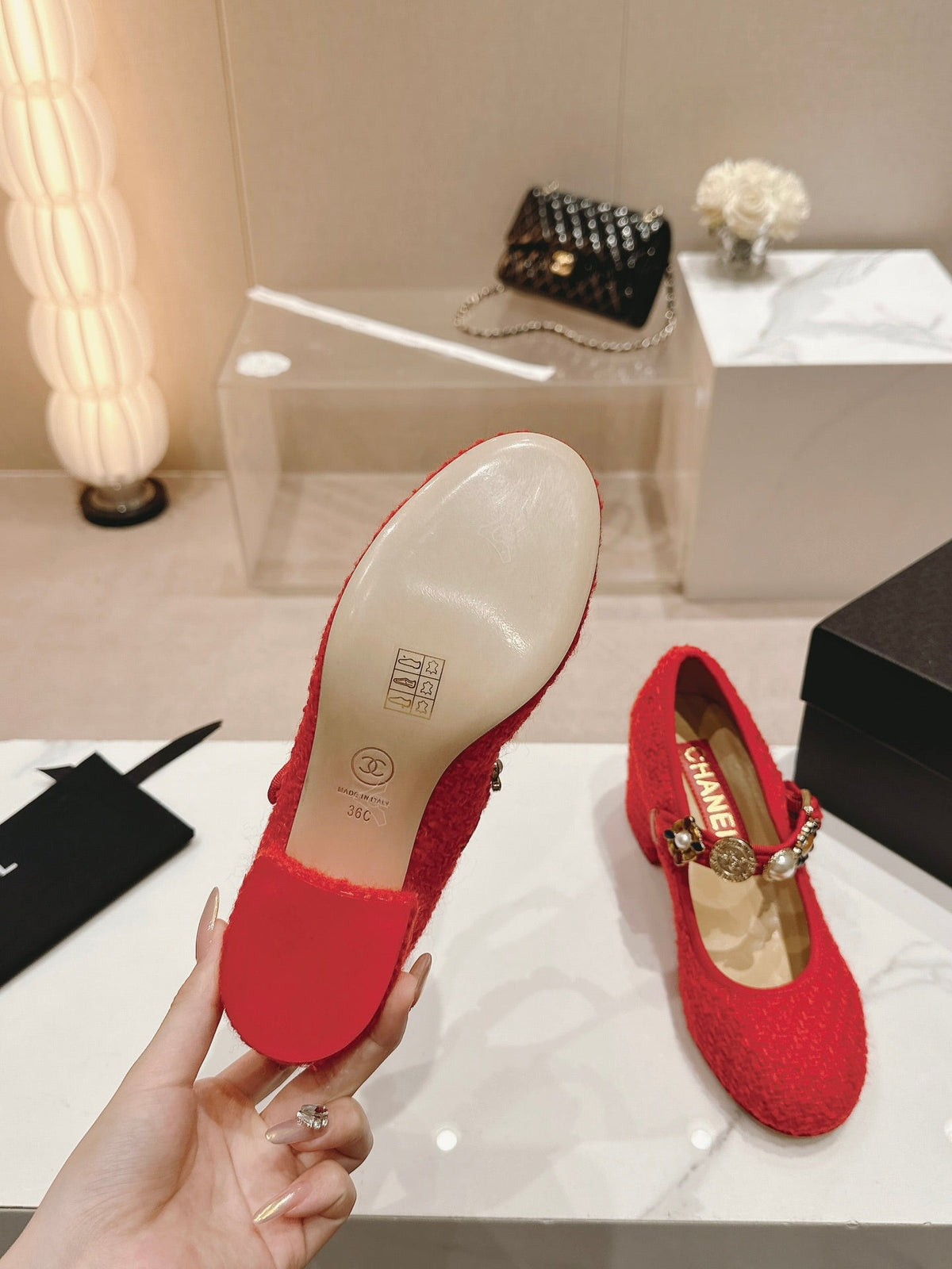 Chanel High Mary Jane Shoes Red Pink Wool Tweed