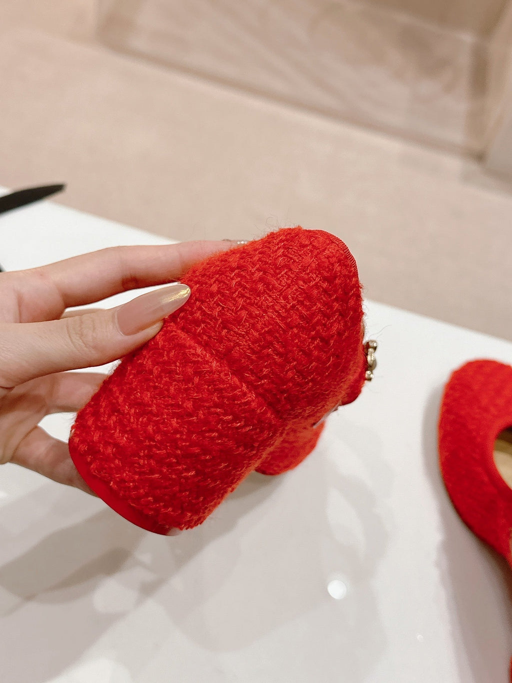 Chanel High Mary Jane Shoes Red Pink Wool Tweed
