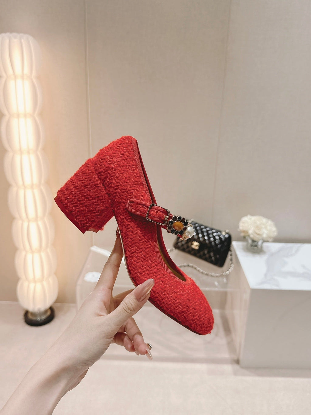 Chanel High Mary Jane Shoes Red Pink Wool Tweed