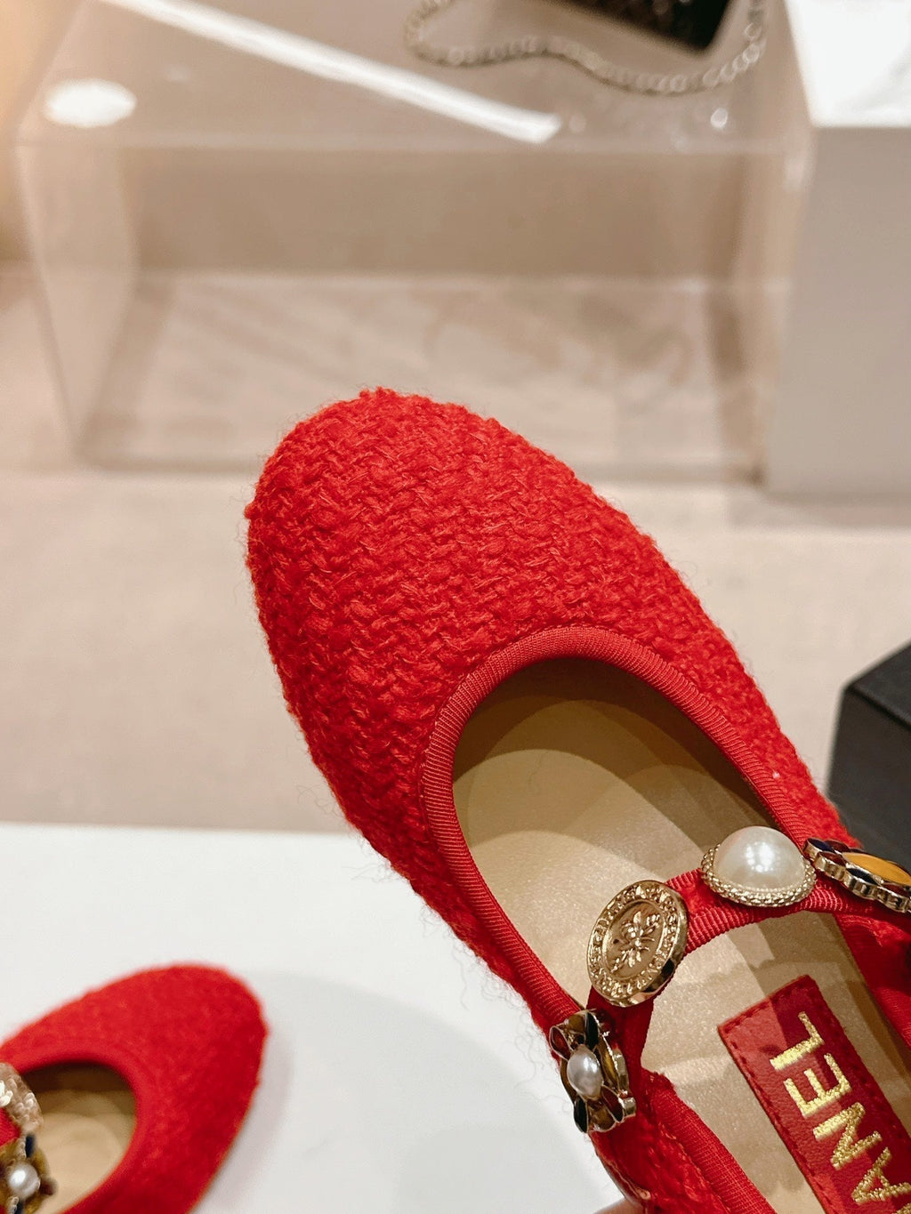 Chanel High Mary Jane Shoes Red Pink Wool Tweed