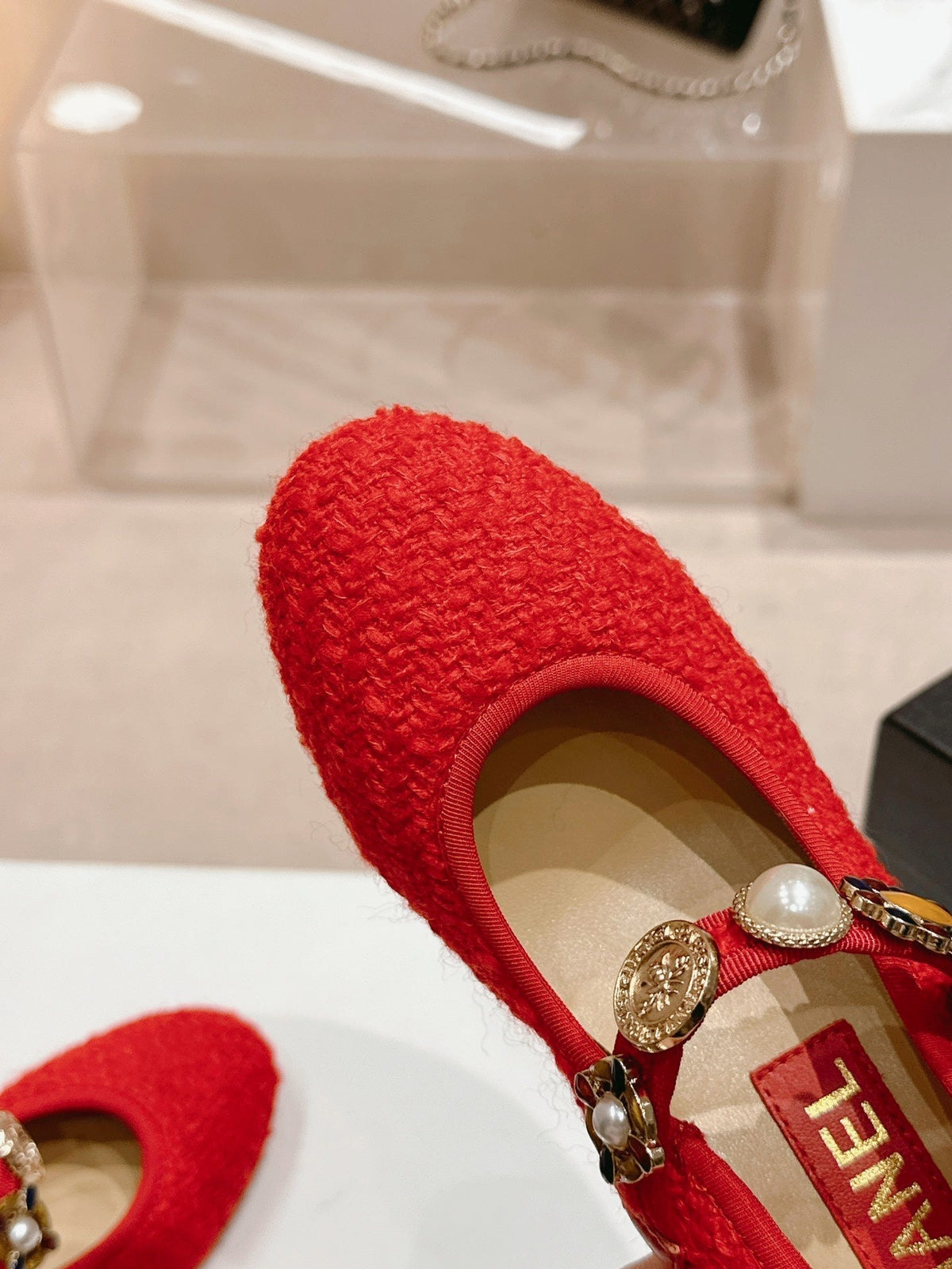 Chanel High Mary Jane Shoes Red Pink Wool Tweed