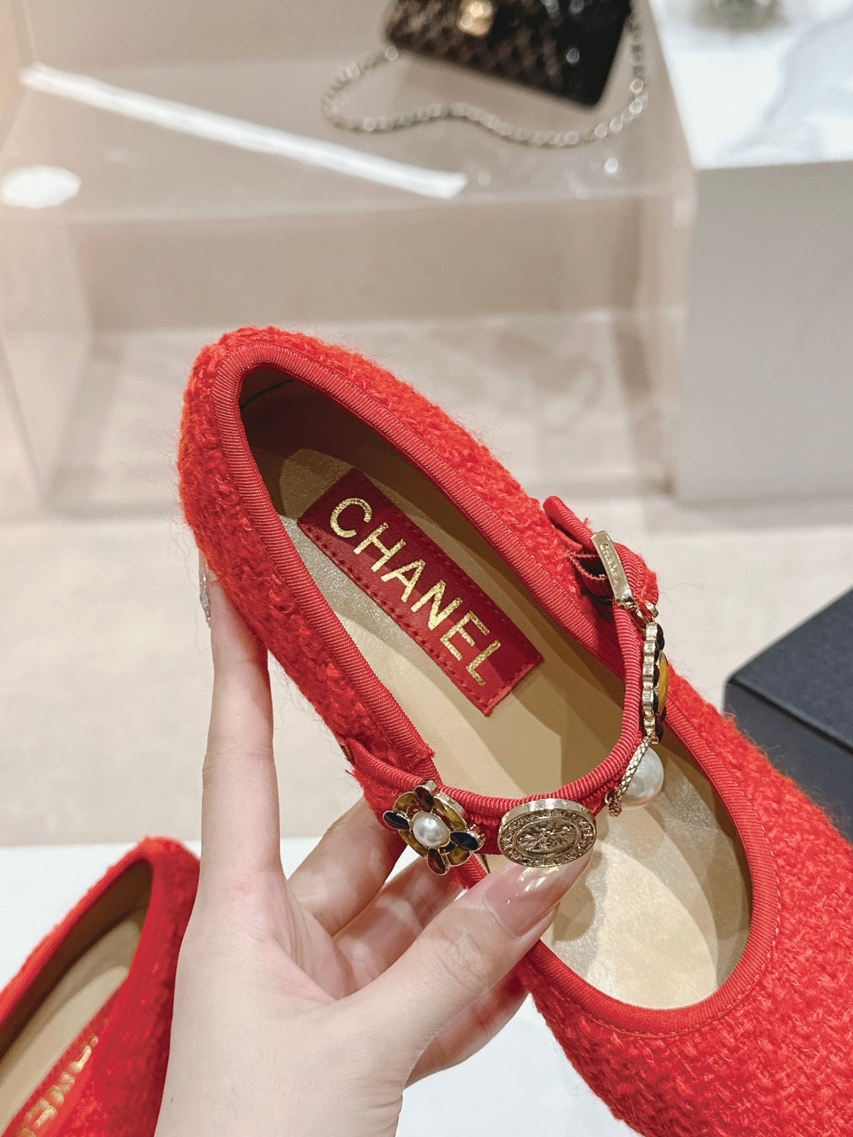 Chanel High Mary Jane Shoes Red Pink Wool Tweed