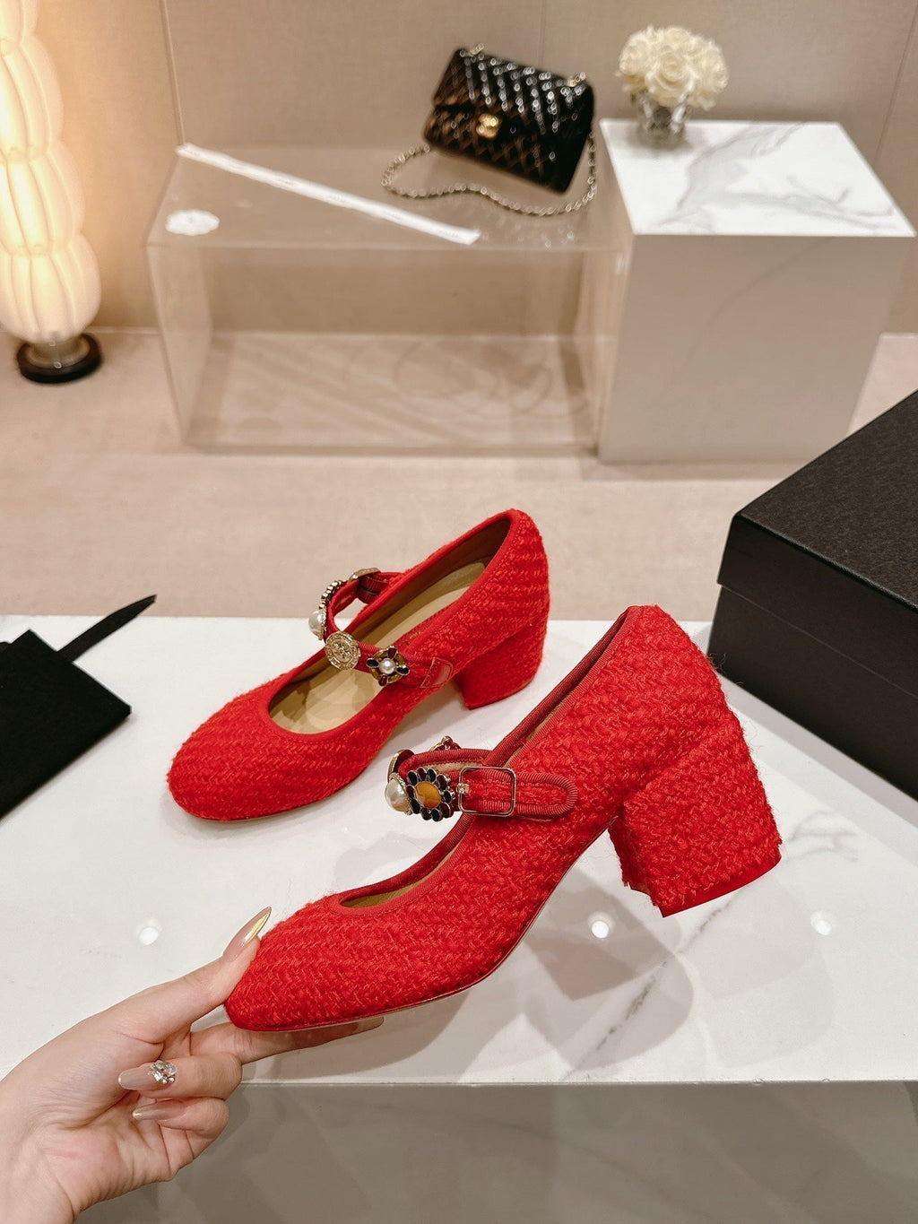 Chanel High Mary Jane Shoes Red Pink Wool Tweed