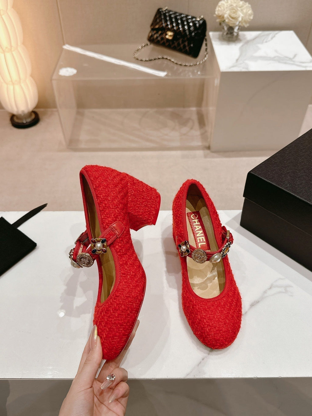 Chanel High Mary Jane Shoes Red Pink Wool Tweed