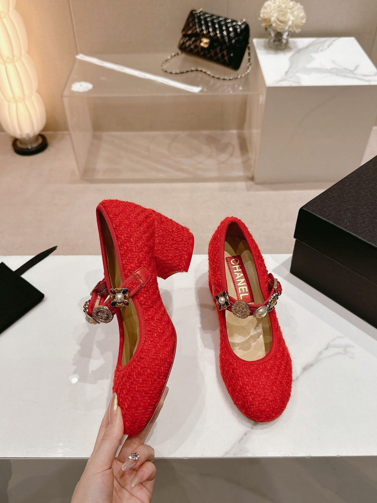 Chanel High Mary Jane Shoes Red Pink Wool Tweed