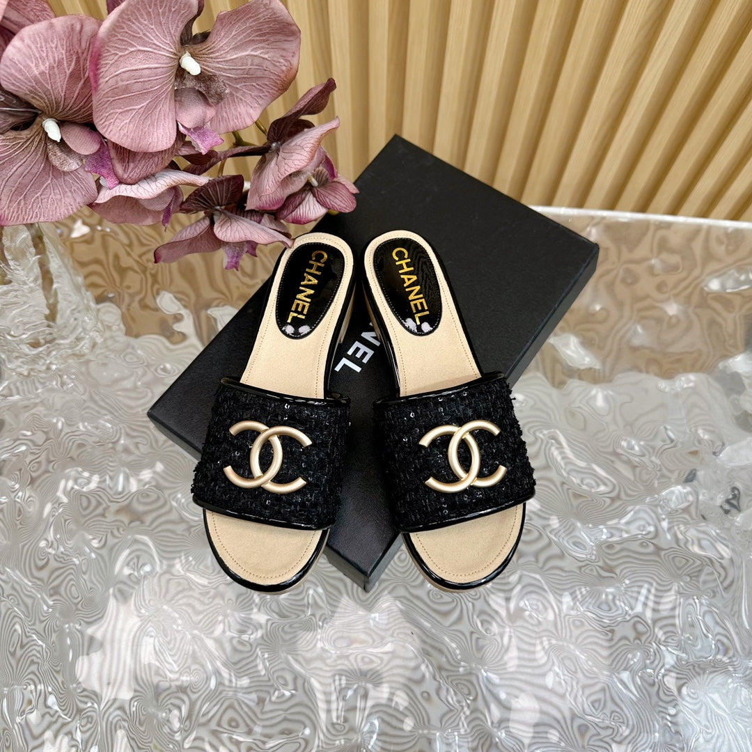 Chanel Platform Slippers in Black Tweed and Lambskin