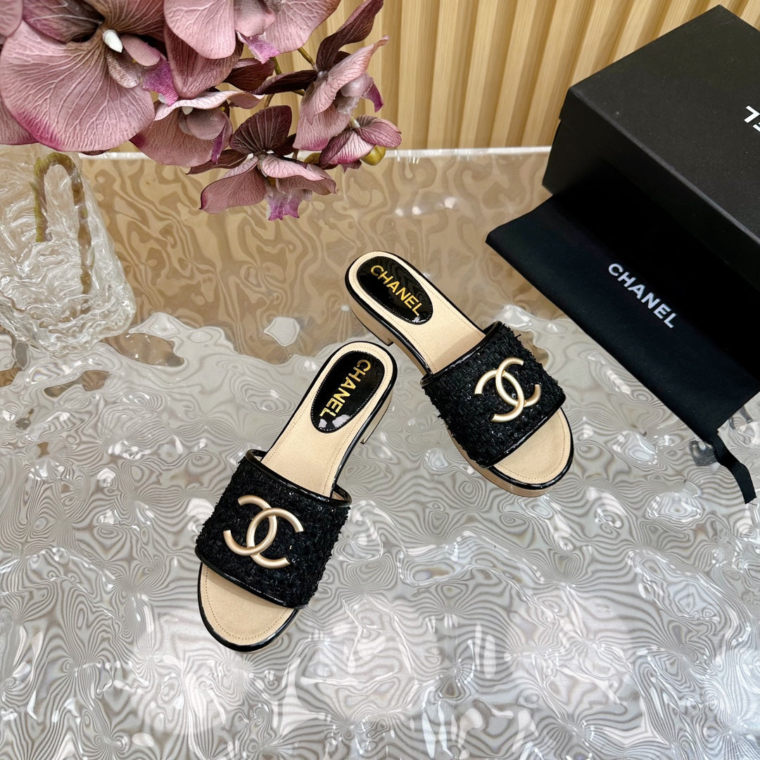 Chanel Platform Slippers in Black Tweed and Lambskin
