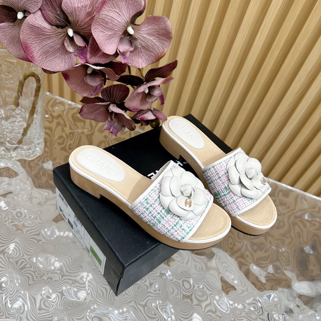 Chanel Platform Slippers with Flower in White Lambskin