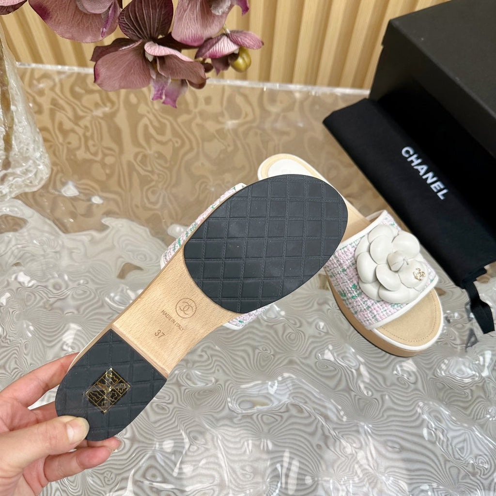 Chanel Platform Slippers with Flower in White Lambskin