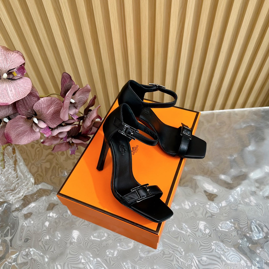 Hermes July Sandal 105 mm in Black Calfskin