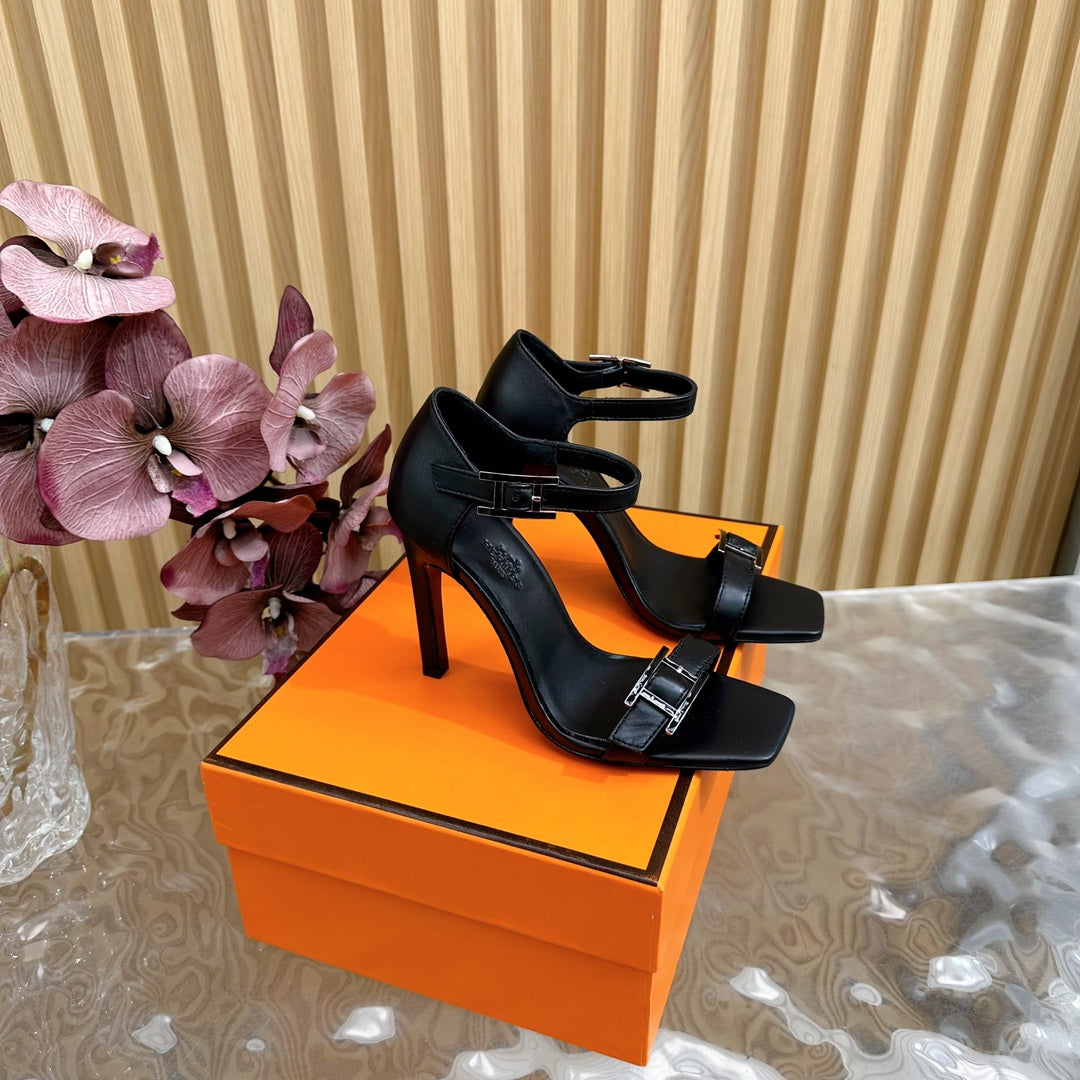 Hermes July Sandal 105 mm in Black Calfskin