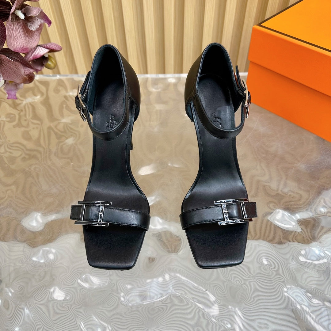 Hermes July Sandal 105 mm in Black Calfskin