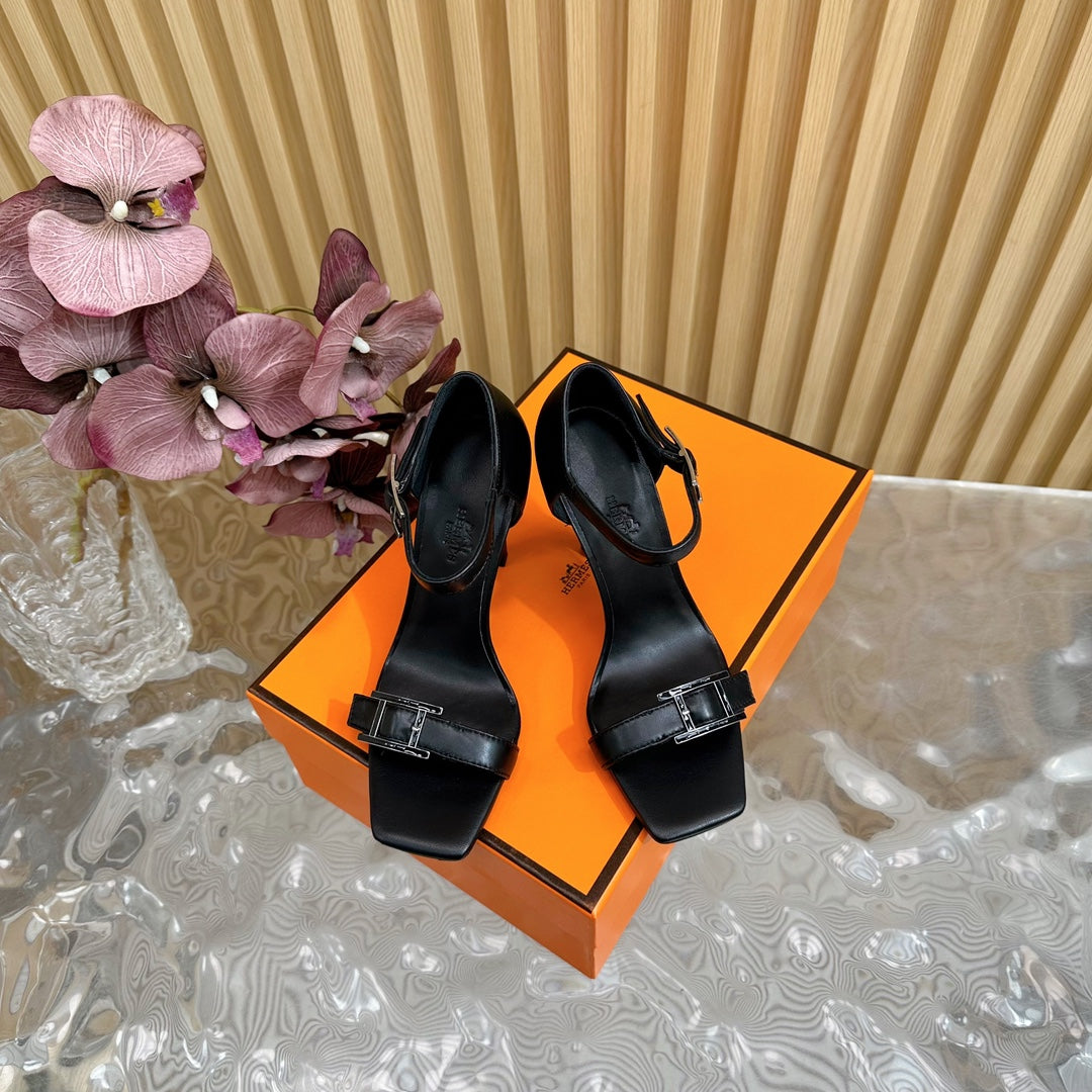 Hermes July Sandal 105 mm in Black Calfskin