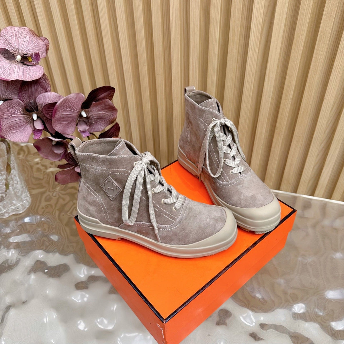 Hermes 25S Kooler Ankle Boots in Dusty Beige Suede