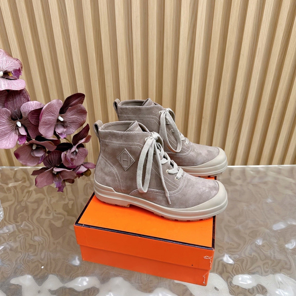 Hermes 25S Kooler Ankle Boots in Dusty Beige Suede