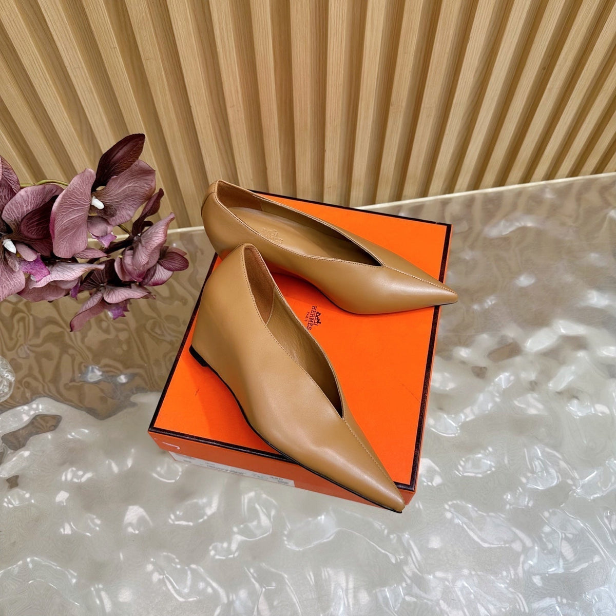 Hermes 25S High-Heel Wedge Shoes 50 mm in Brown Lambskin