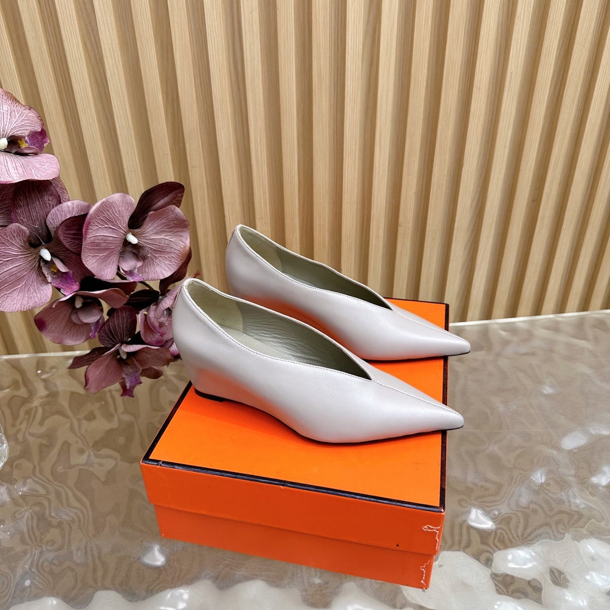 Hermes 25S High-Heel Wedge Shoes 50 mm in Pale Pink Beige Lambskin