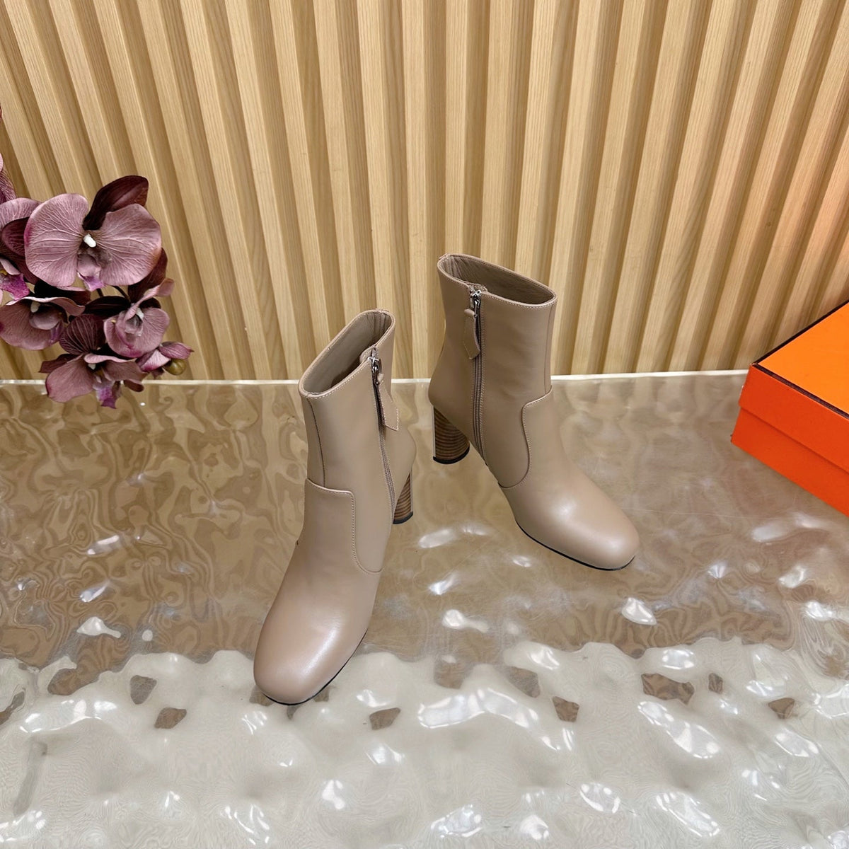 Hermes 25S Ankle Boots 70 mm in Dusty Beige Lambskin