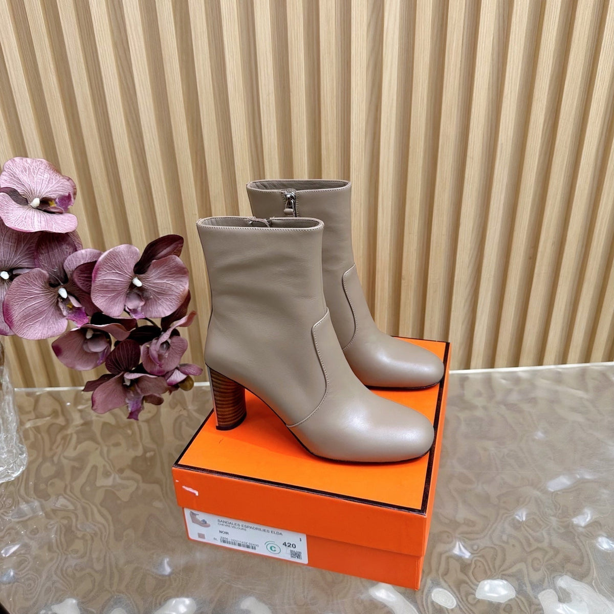 Hermes 25S Ankle Boots 70 mm in Dusty Beige Lambskin