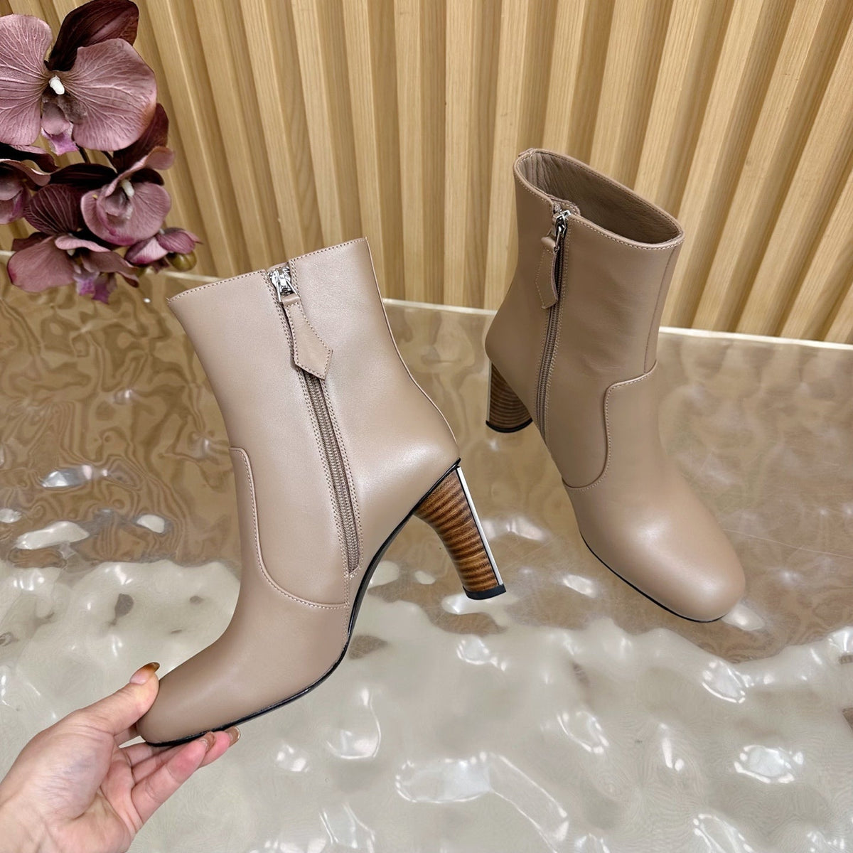 Hermes 25S Ankle Boots 70 mm in Dusty Beige Lambskin
