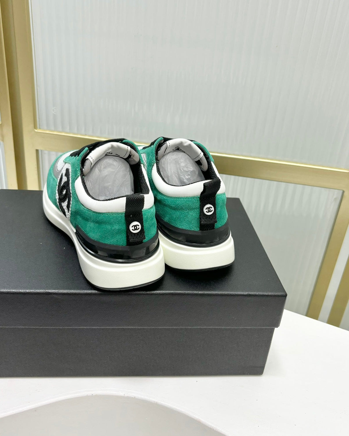 Chanel Sneaker in Jade Green Suede and Grey Breathable Mesh