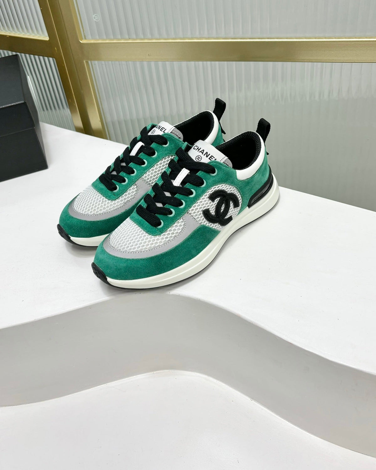 Chanel Sneaker in Jade Green Suede and Grey Breathable Mesh