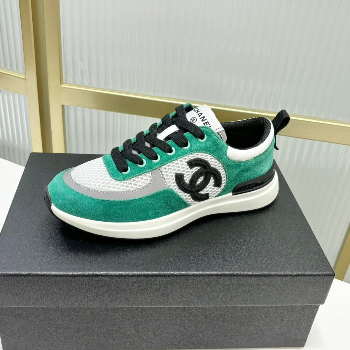 Chanel Sneaker in Jade Green Suede and Grey Breathable Mesh