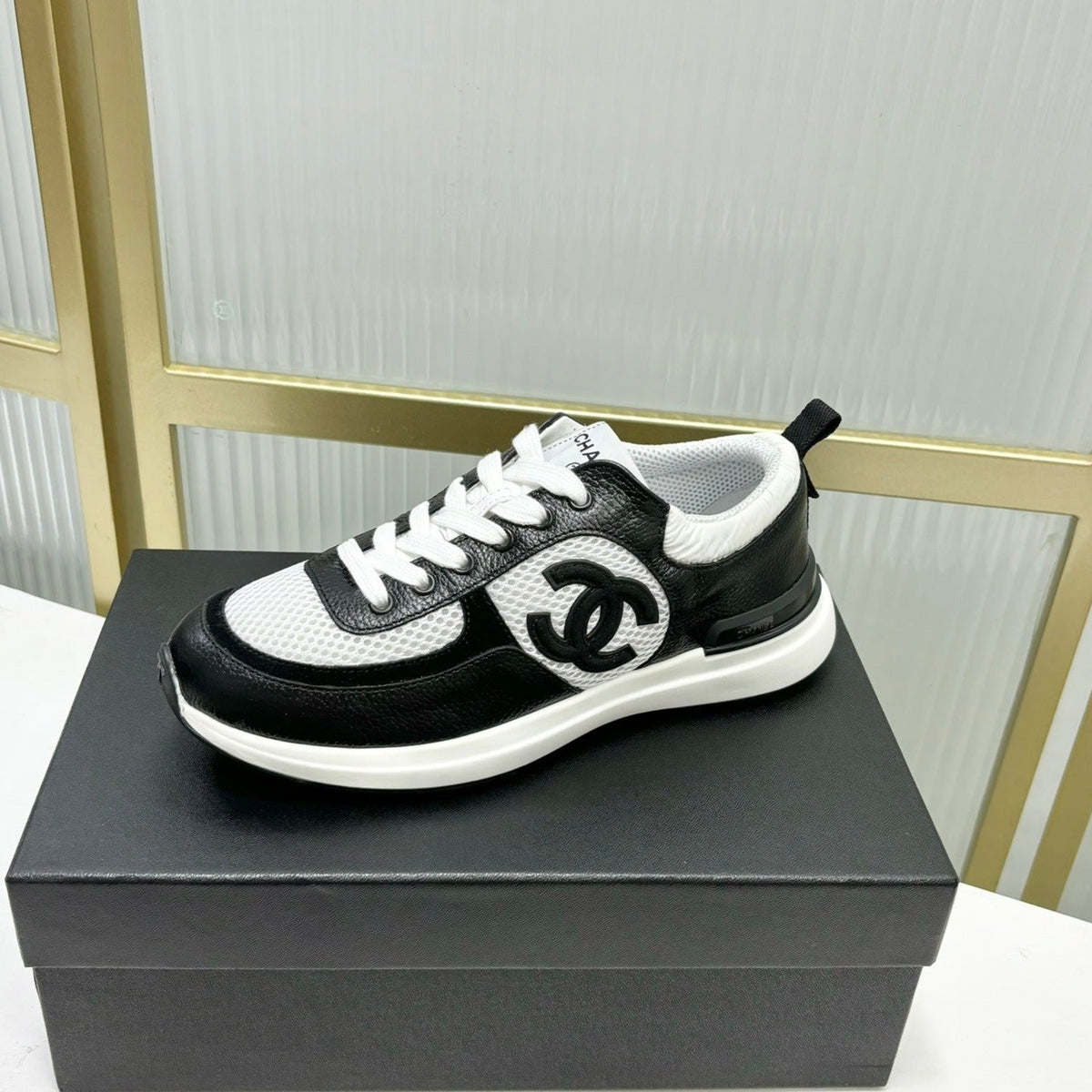 Chanel Sneaker in Black Calfskin and Grey Breathable Mesh