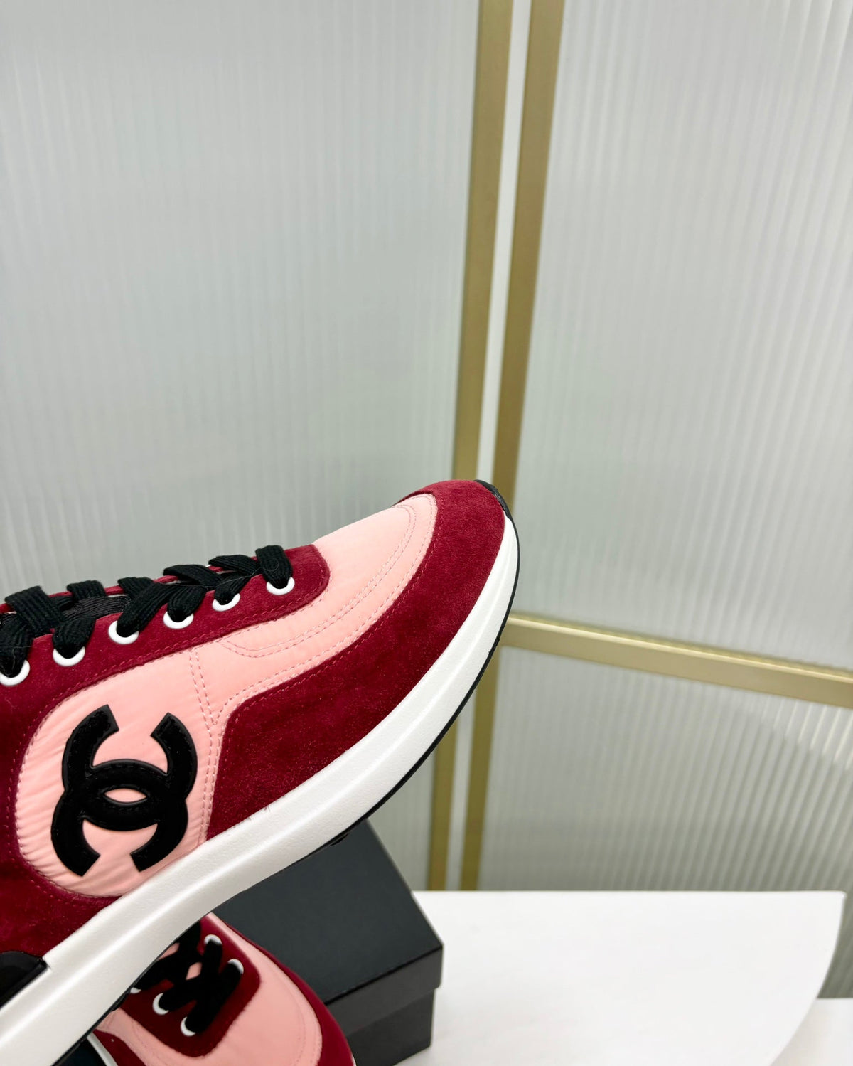 Chanel Sneaker in Light Pink Mix Cherry Red Suede