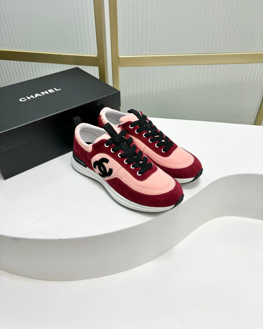 Chanel Sneaker in Light Pink Mix Cherry Red Suede