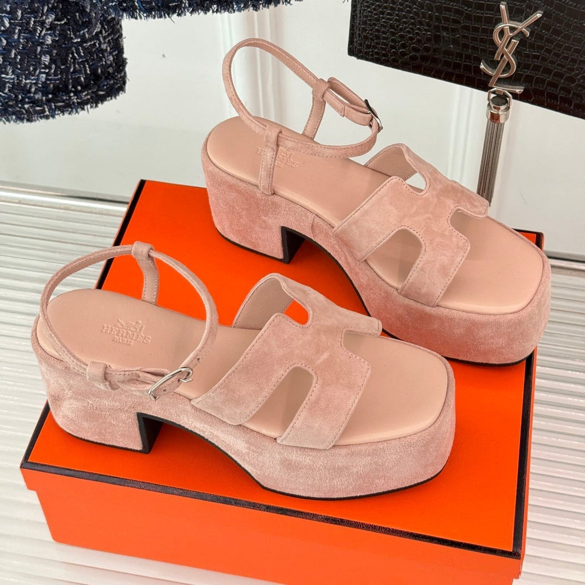 Hermes 25S Jam 30 High-Heel Sandal in Peach Pink Suede