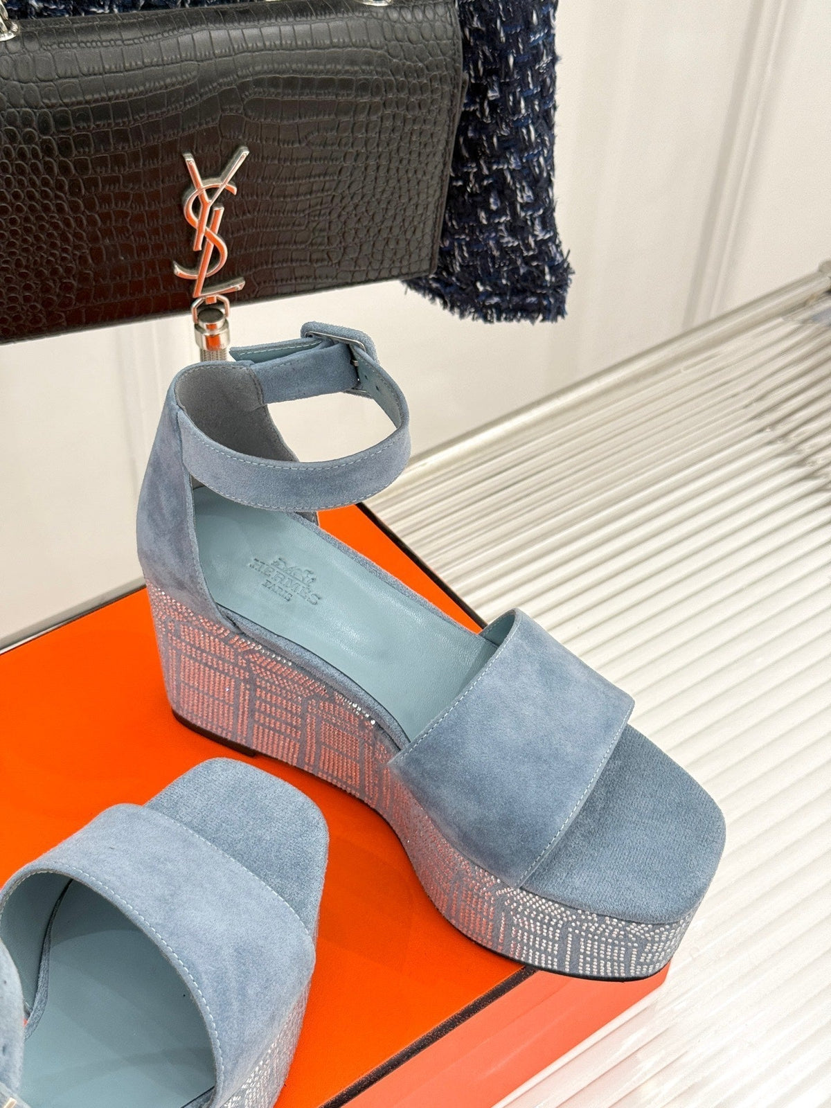 Hermes Illusion 35 Sandal in Light Blue Suede with Rhinestone Details