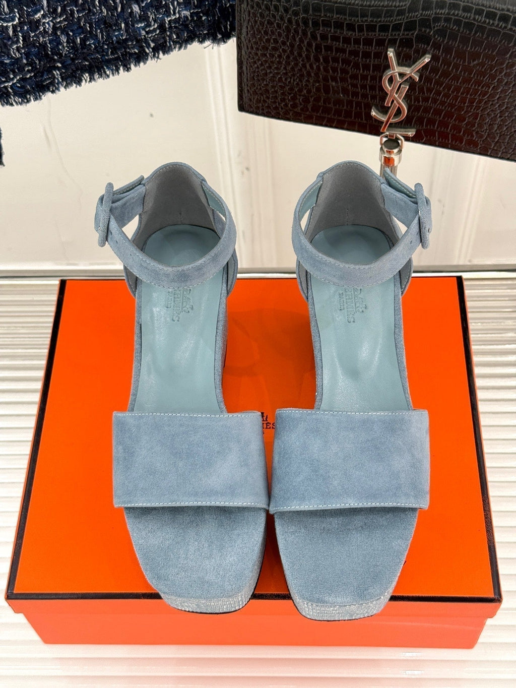 Hermes Illusion 35 Sandal in Light Blue Suede with Rhinestone Details
