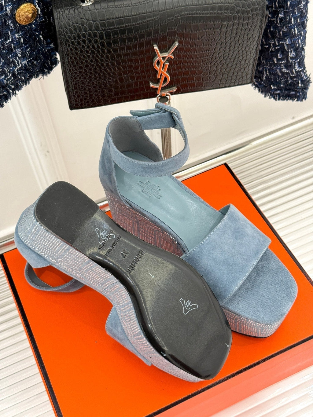 Hermes Illusion 35 Sandal in Light Blue Suede with Rhinestone Details