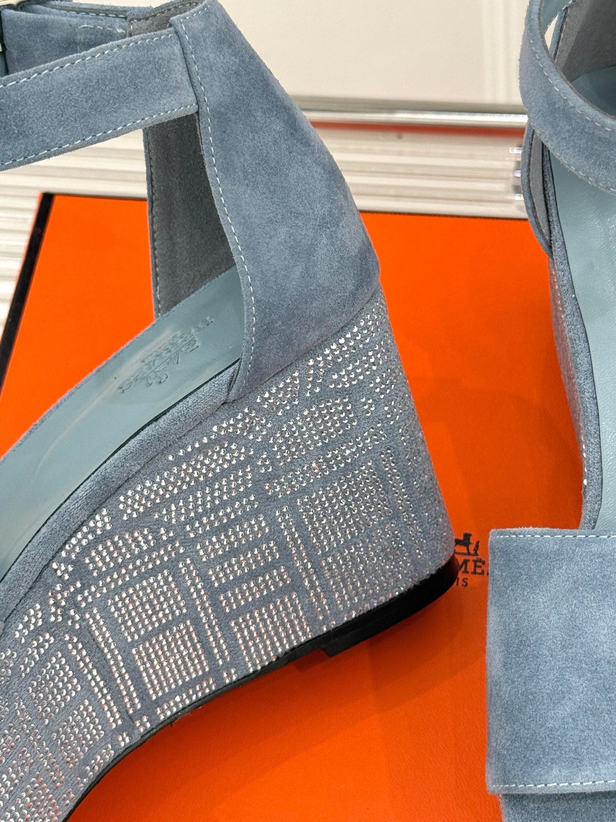Hermes Illusion 35 Sandal in Light Blue Suede with Rhinestone Details