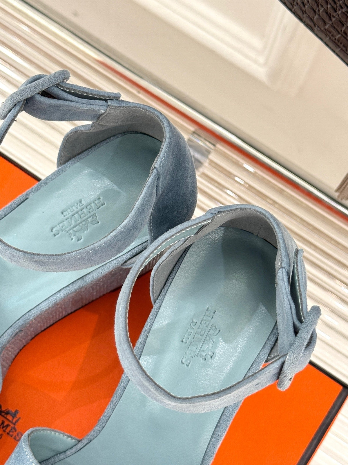 Hermes Illusion 35 Sandal in Light Blue Suede with Rhinestone Details