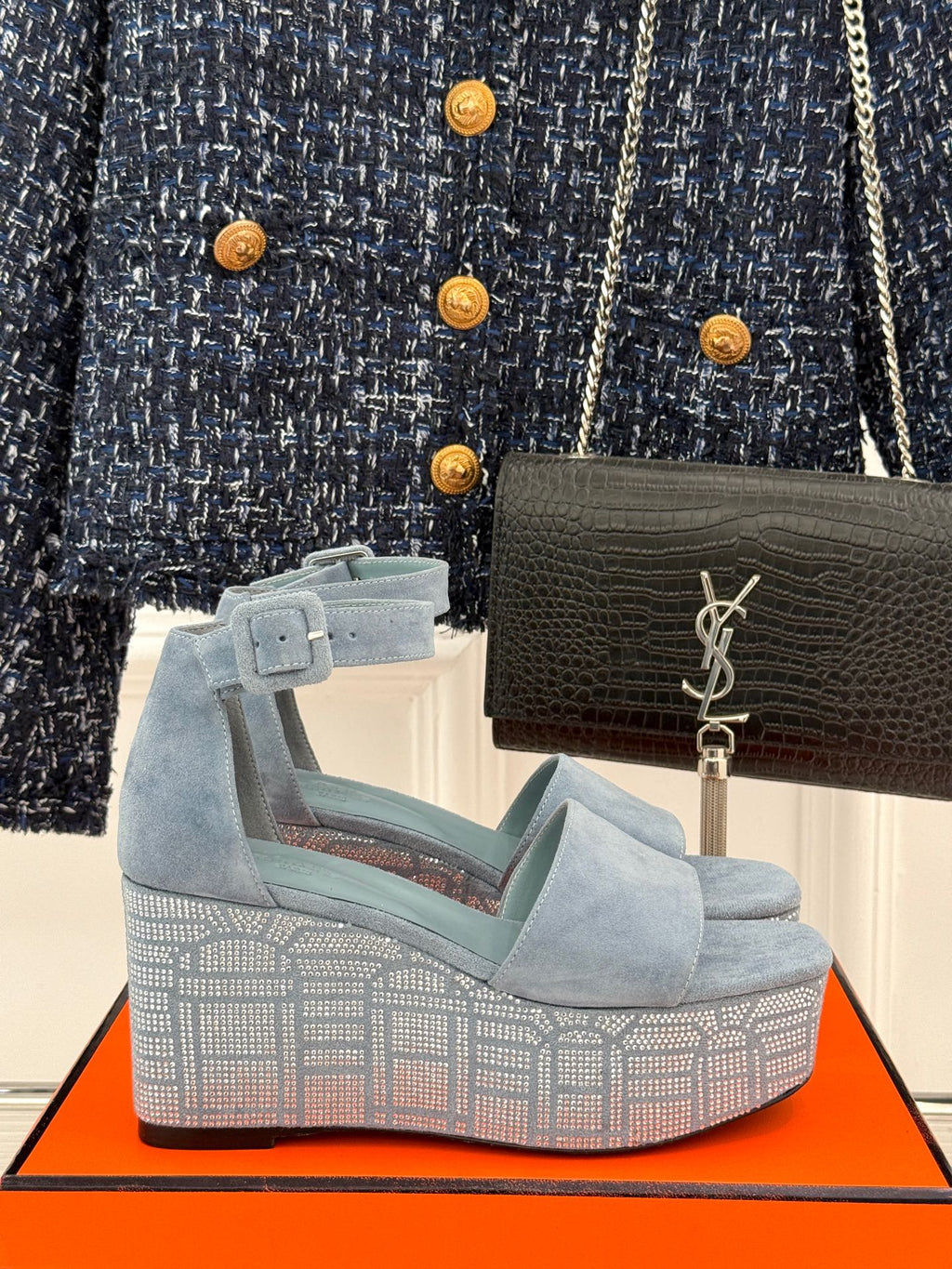 Hermes Illusion 35 Sandal in Light Blue Suede with Rhinestone Details