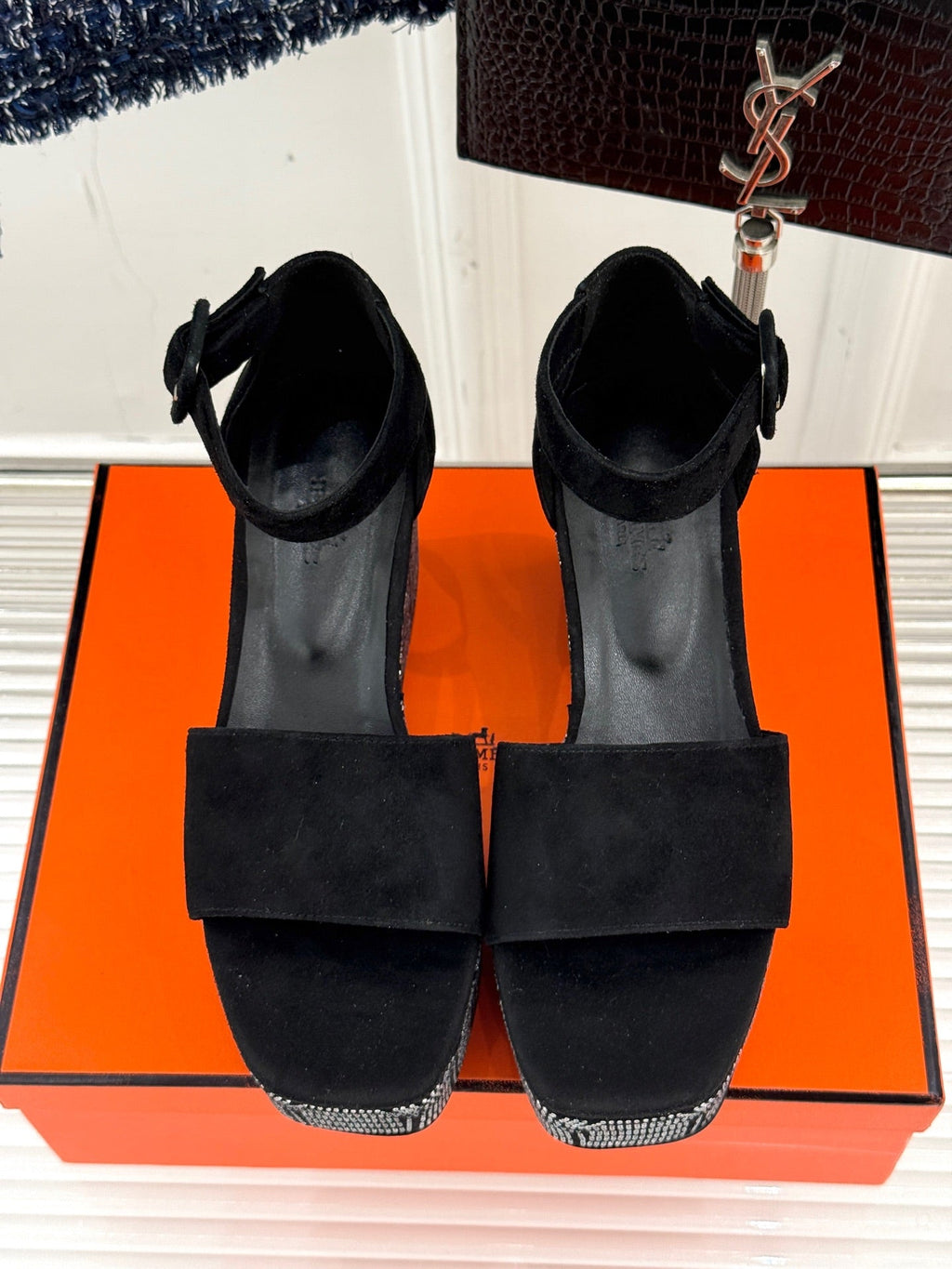 Hermes Illusion 35 Sandal in Black Suede with Rhinestone Details