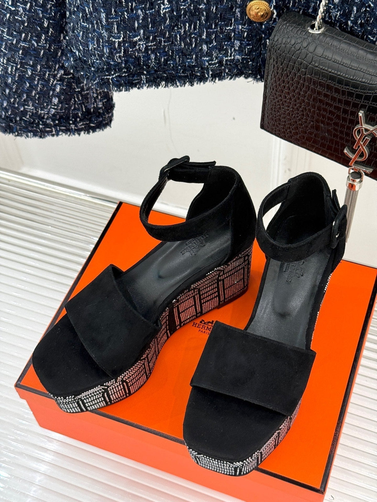 Hermes Illusion 35 Sandal in Black Suede with Rhinestone Details