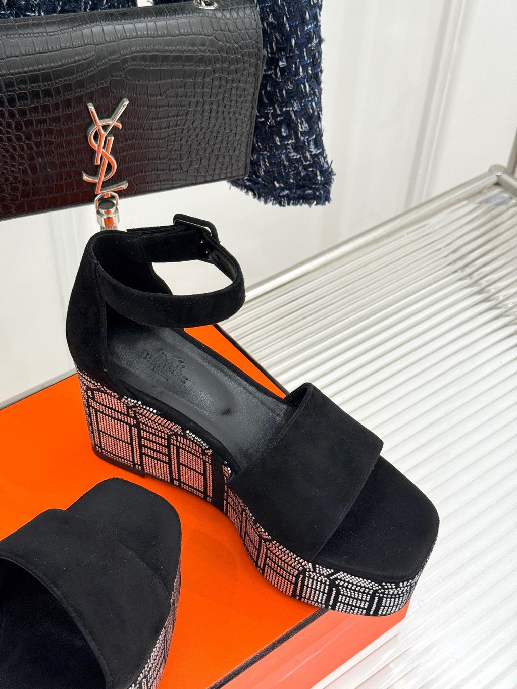 Hermes Illusion 35 Sandal in Black Suede with Rhinestone Details