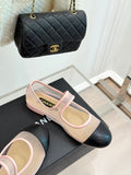 Chanel Flat Shoes in Pink Mesh and Black Lambskin
