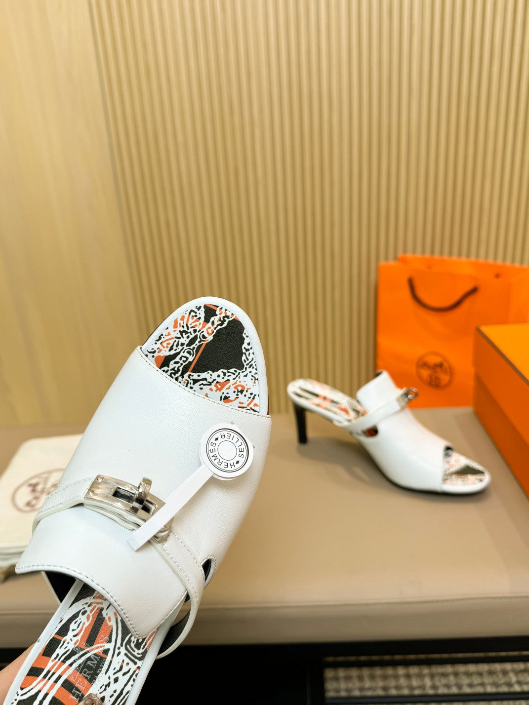 Hermes Heden Mule 80 White Calfskin with Pattern