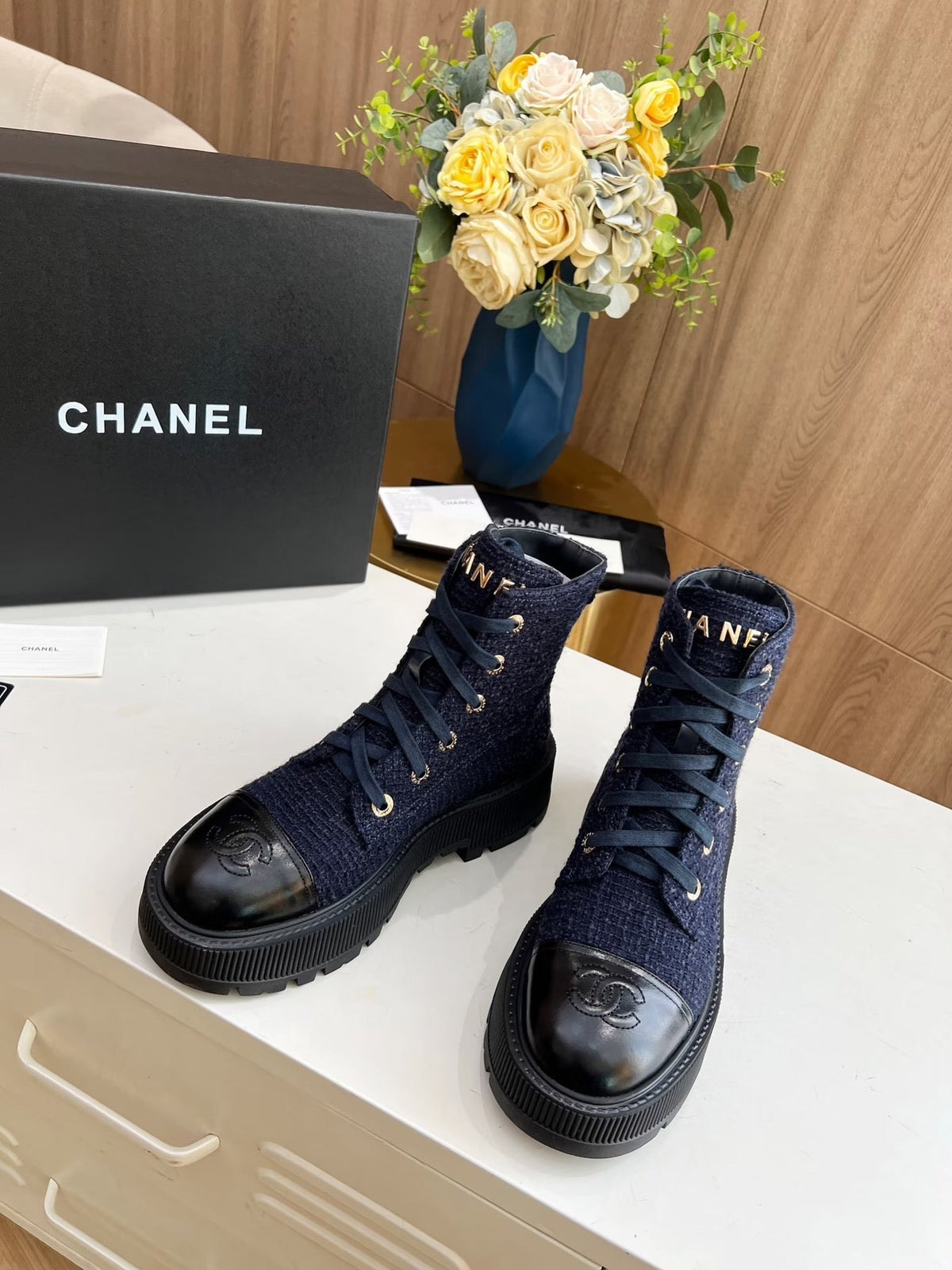 Chanel Short Boots in Denim Blue Tweed and Black Calfskin