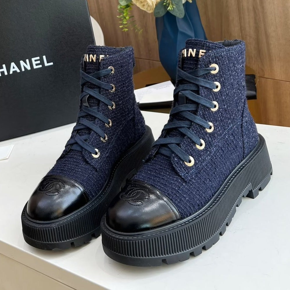 Chanel Short Boots in Denim Blue Tweed and Black Calfskin
