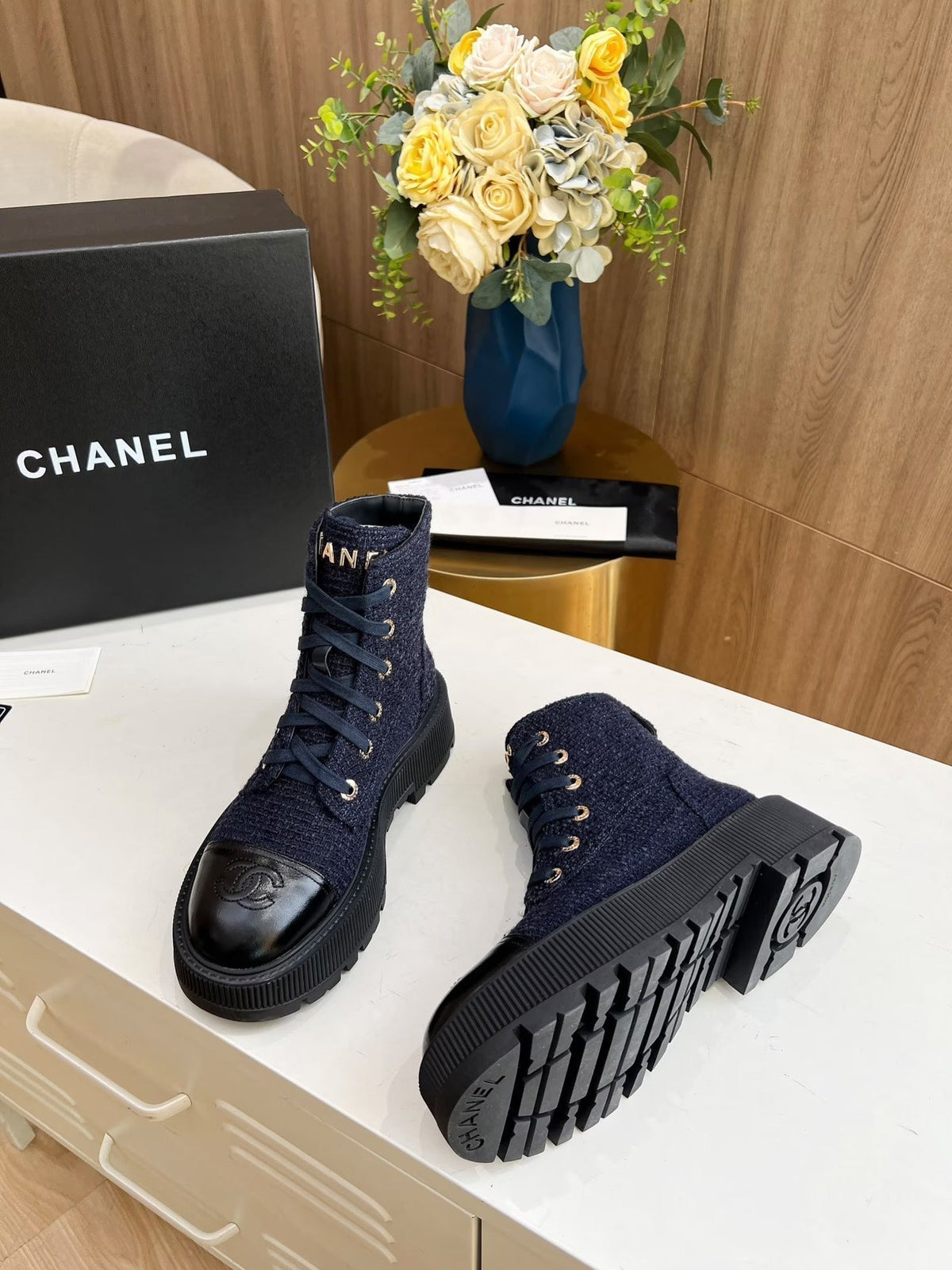 Chanel Short Boots in Denim Blue Tweed and Black Calfskin